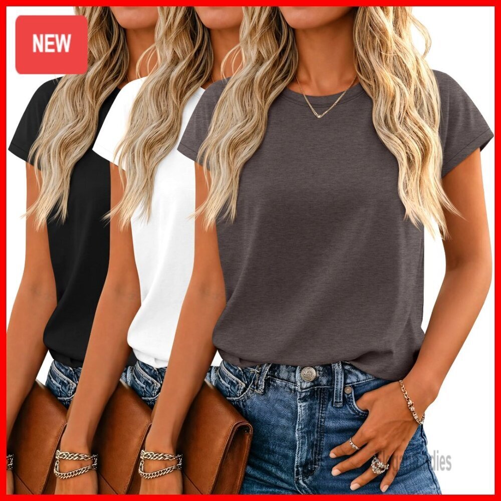 3 Pack Cap Sleeve Tees Crew Neck Basic Tops Summer Casual Wear
